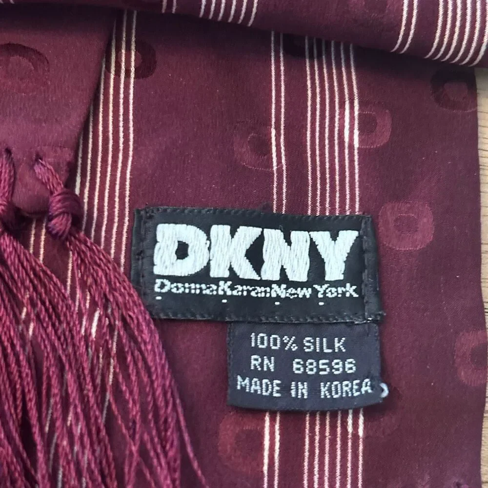 Vintage DKNY maroon cranberry striped 100% silk scarf with tassels